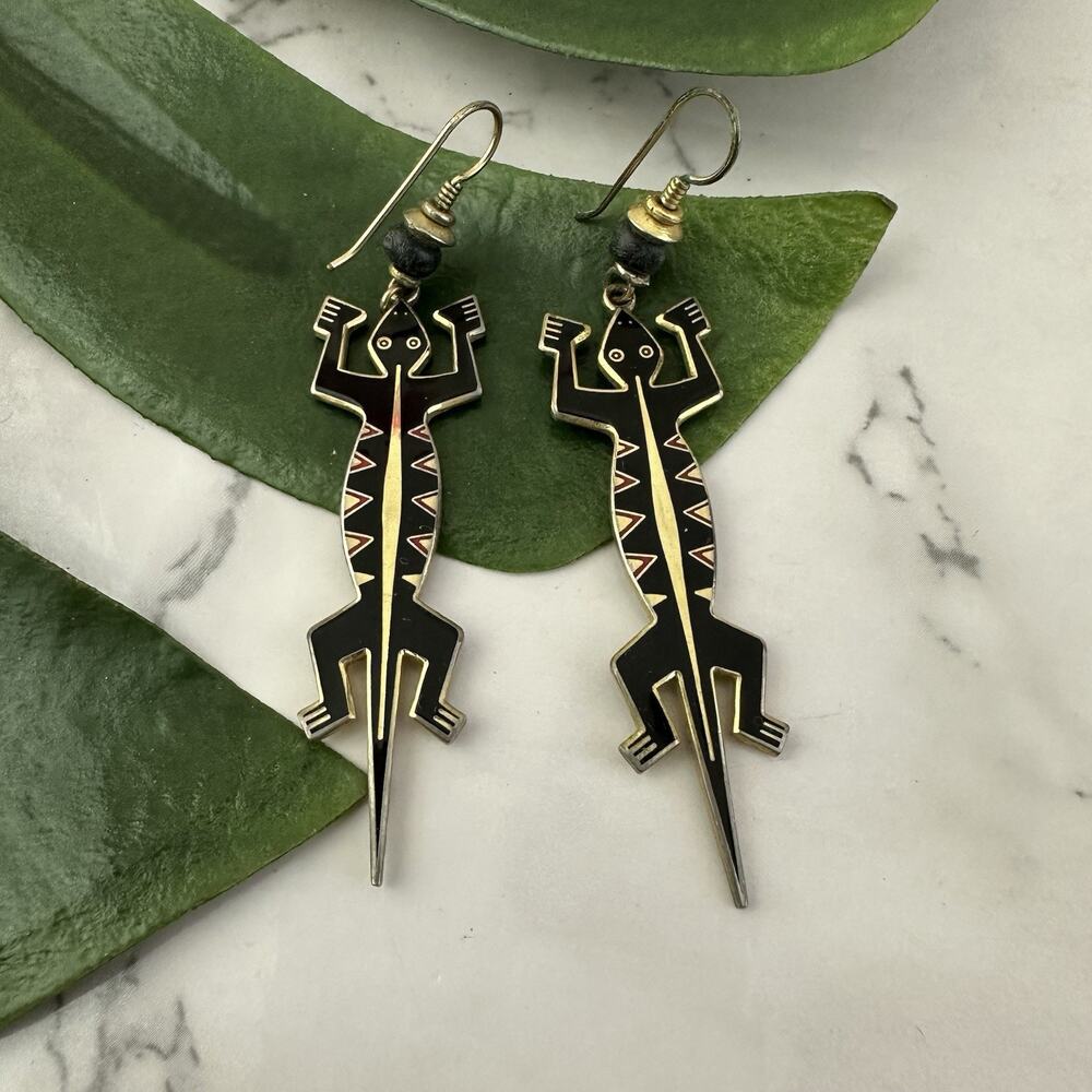 Laurel Burch Vintage 90s Lizardo Lizard Dangle Earrings Gold Black Southwest